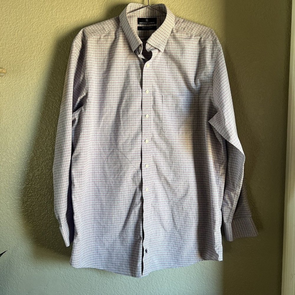 Men’s Hart Schaffner Marx Button Up Dress Shirt Pink & Blue Plaid Size 17 35